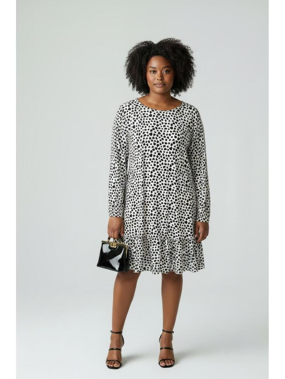 LOFT White Black Heart Print Flounce Swing Mini Dress Long Sleeve, Size XL